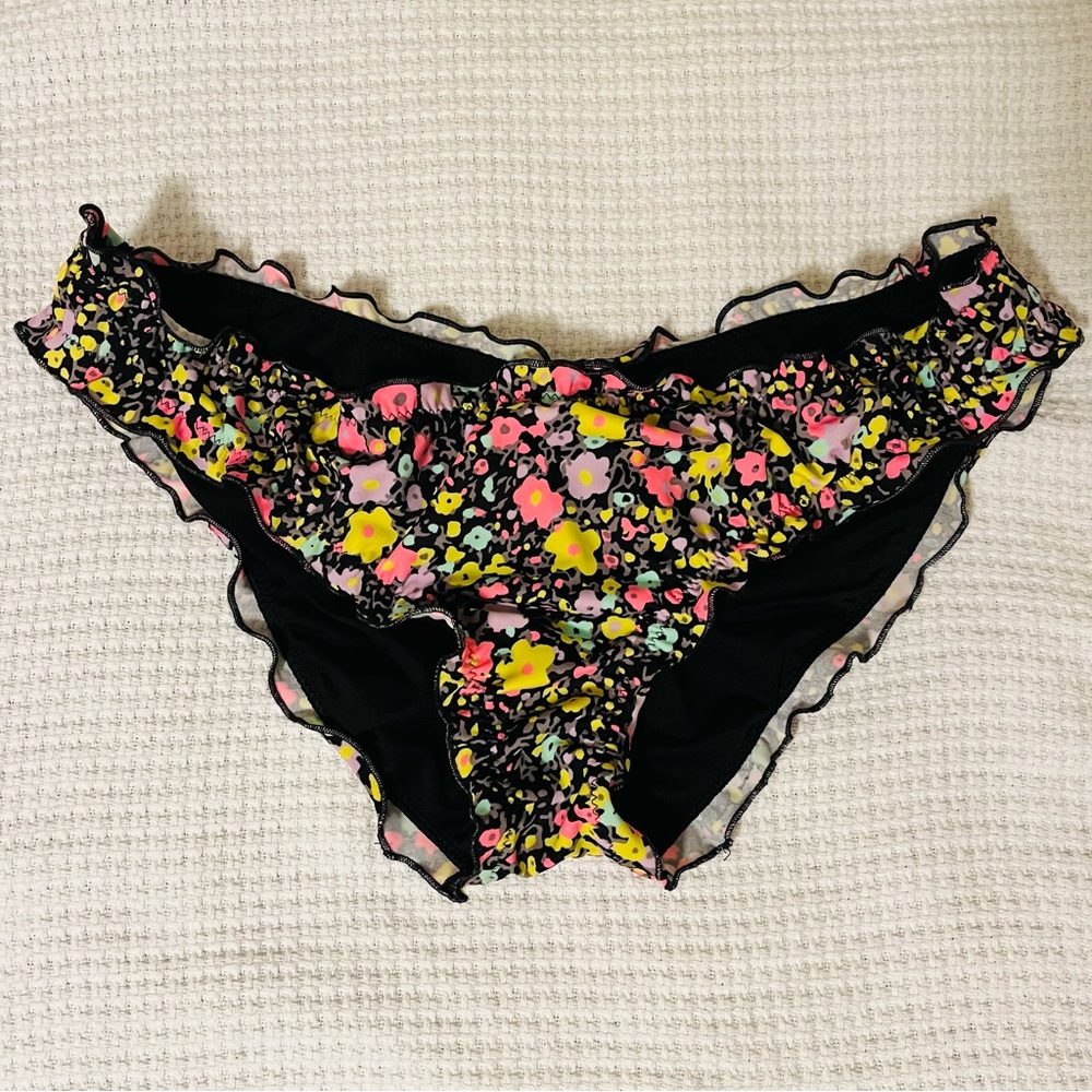 Victoria's Secret Cheeky Swimsuit Bikini Bottoms Black Multi Color Floral Size M